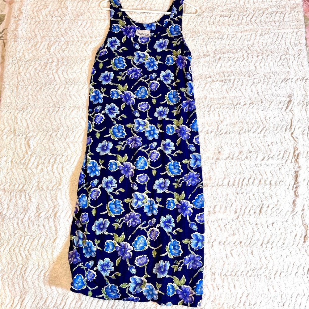 Vintage 1980s Paquette Too Blue Floral Maxi Size 10 Sleeveless Cottagecore